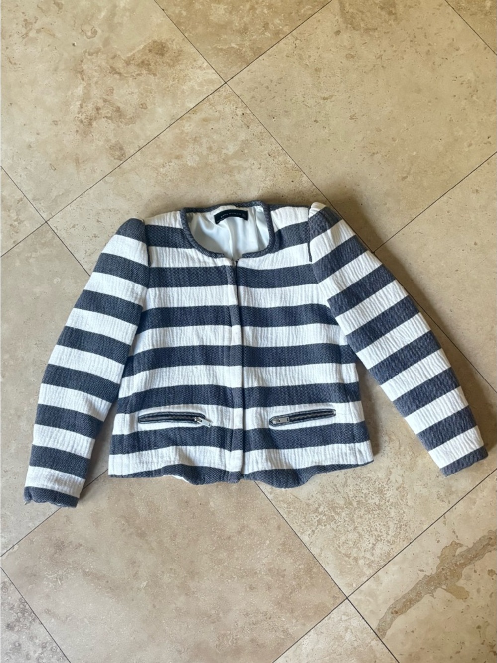 Zara Black and White Striped Zip-Front Jacket